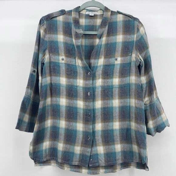 James Perse Size 1 Small Plaid Flannel Womens Teal Blue Cotton Casual Collarless - Picture 1 of 9